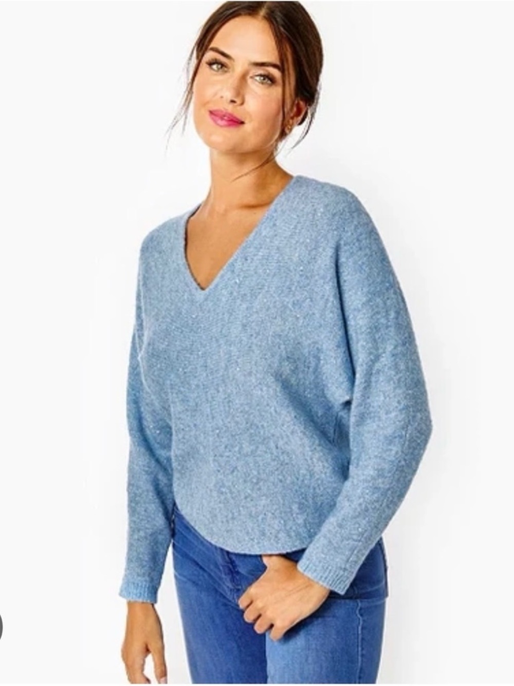 LILLY PULITZER Savette Sequin Sweater Blue Peri Metallic‎ Sparkle V-Neck, Large